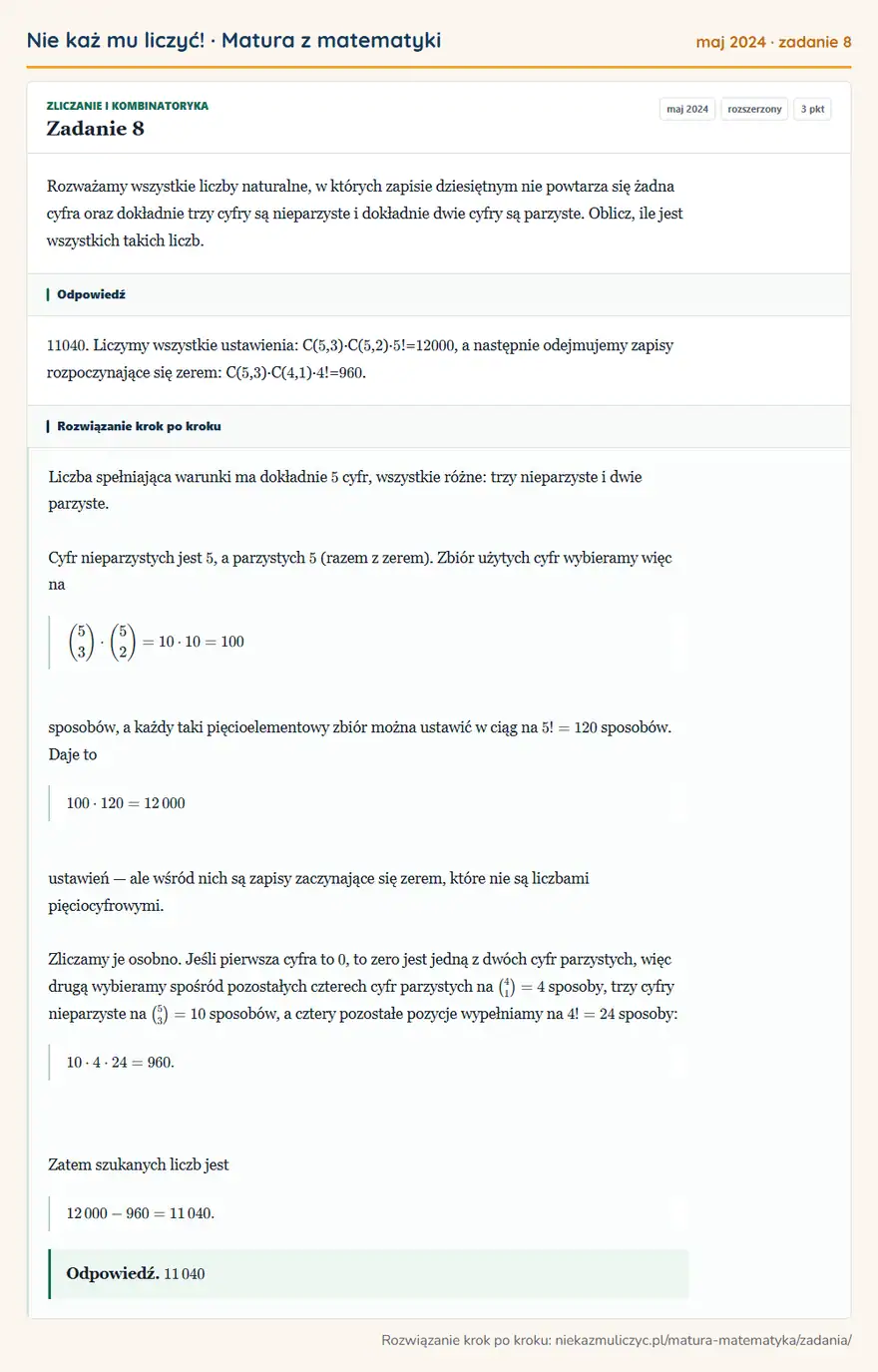 Rozwiązanie zadania 8 (matura z matematyki maj 2024): Rozważamy wszystkie liczby naturalne, w których zapisie dziesiętnym nie powtarza się żadna cyfra oraz…