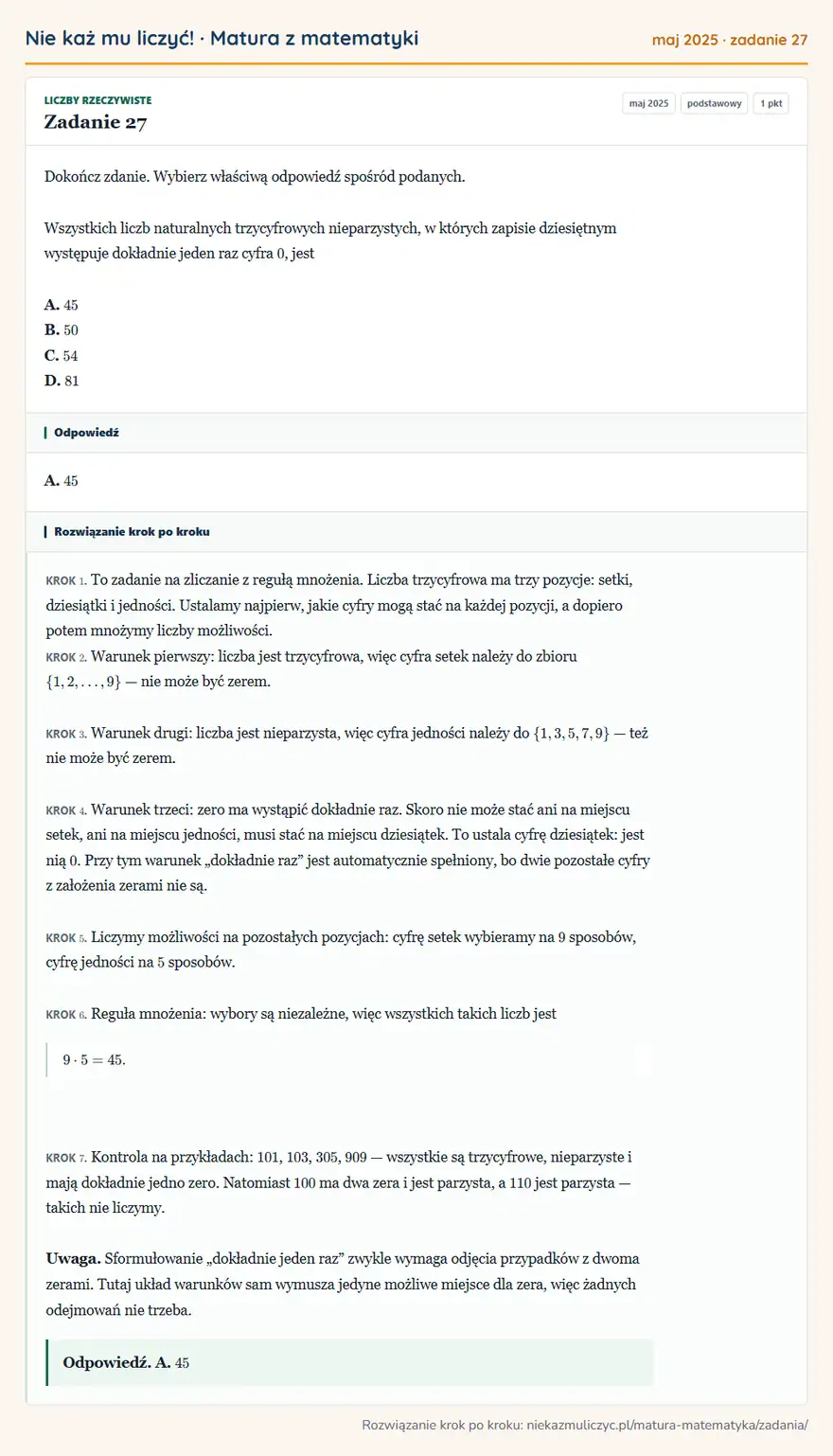Rozwiązanie zadania 27 (matura z matematyki maj 2025): Dokończ zdanie. Wybierz właściwą odpowiedź spośród podanych. Wszystkich liczb naturalnych trzycyfrowych…