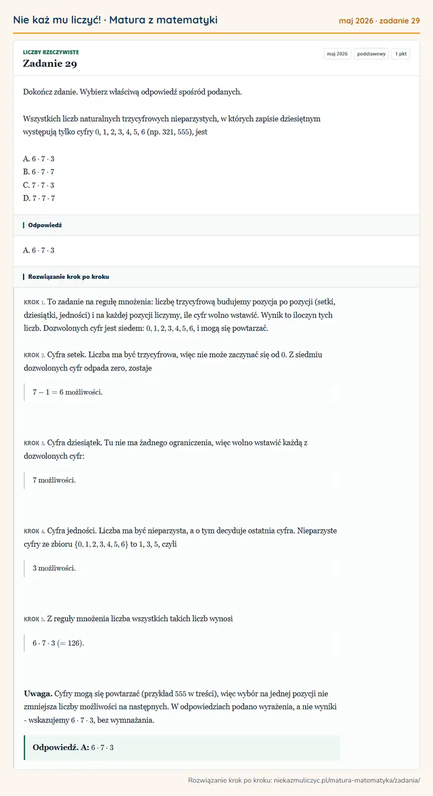 Rozwiązanie zadania 29 (matura z matematyki maj 2026): Dokończ zdanie. Wybierz właściwą odpowiedź spośród podanych. Wszystkich liczb naturalnych trzycyfrowych…