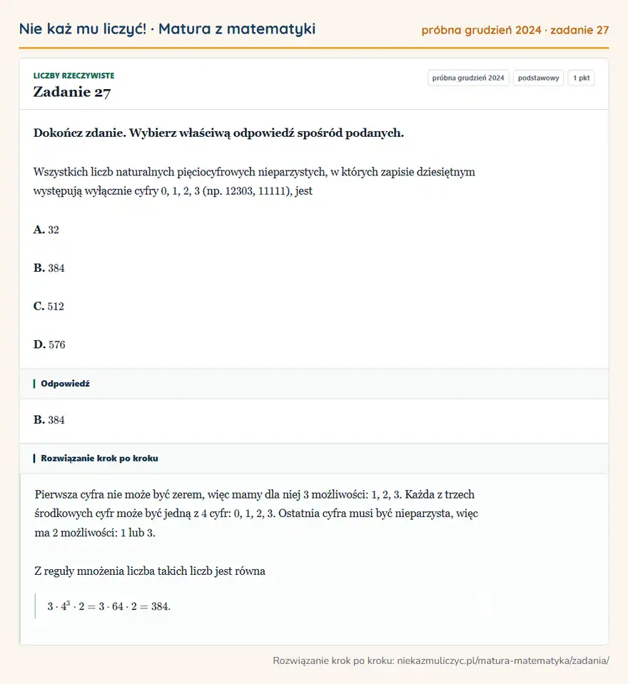 Rozwiązanie zadania 27 (matura z matematyki próbna grudzień 2024): Dokończ zdanie. Wybierz właściwą odpowiedź spośród podanych. Wszystkich liczb naturalnych pięciocyfrowych…