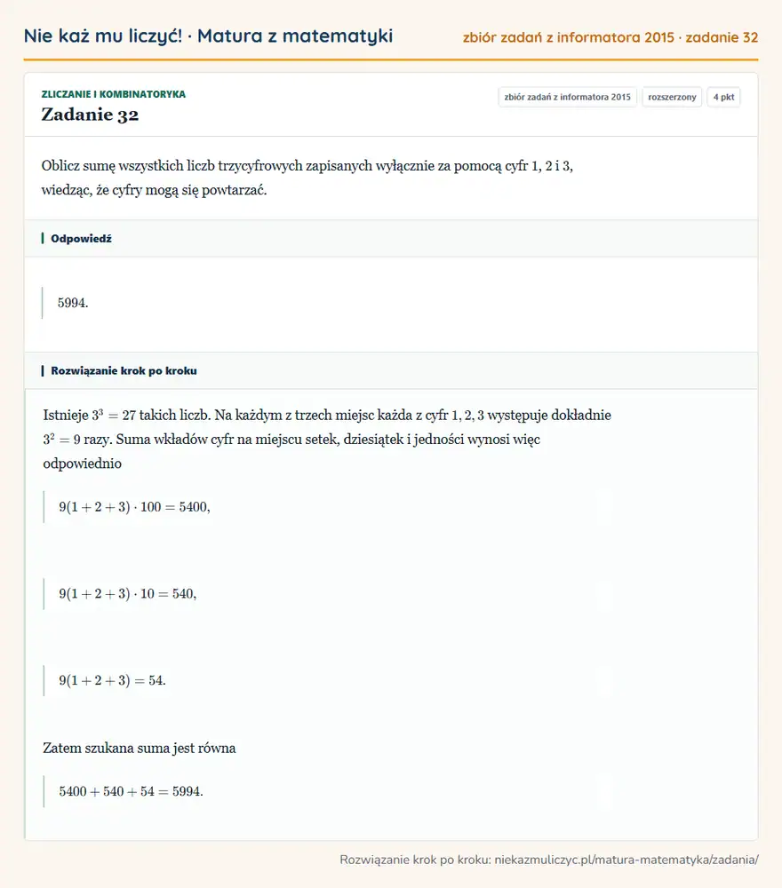 Rozwiązanie zadania 32 (zbiór zadań z informatora CKE 2015): Oblicz sumę wszystkich liczb trzycyfrowych zapisanych wyłącznie za pomocą cyfr 1, 2 i 3, wiedząc, że cyfry…