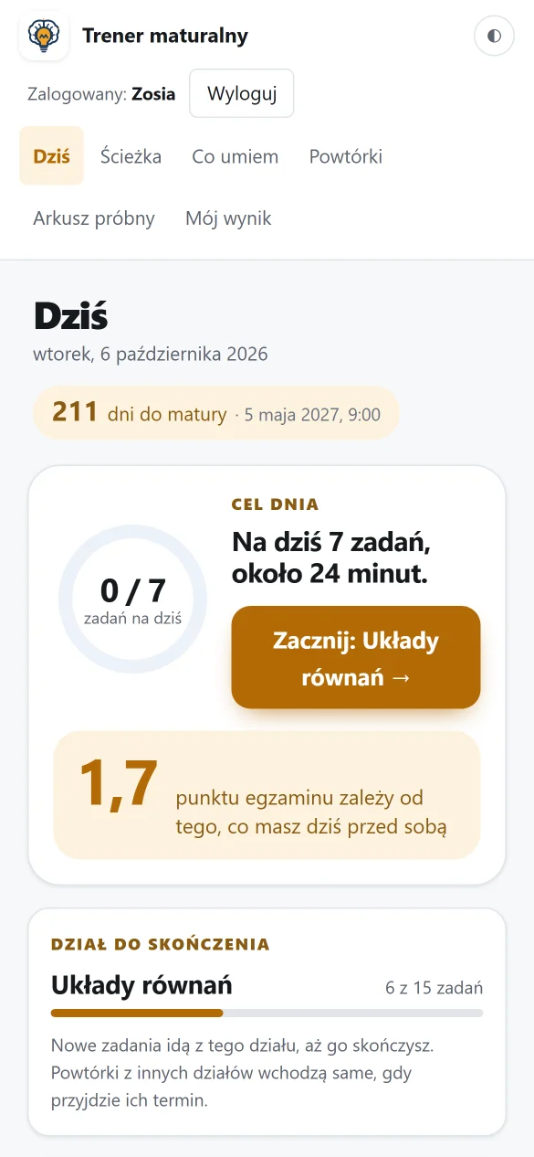 Ekran Dziś: cel dnia 7 zadań, 211 dni do matury, dział do skończenia