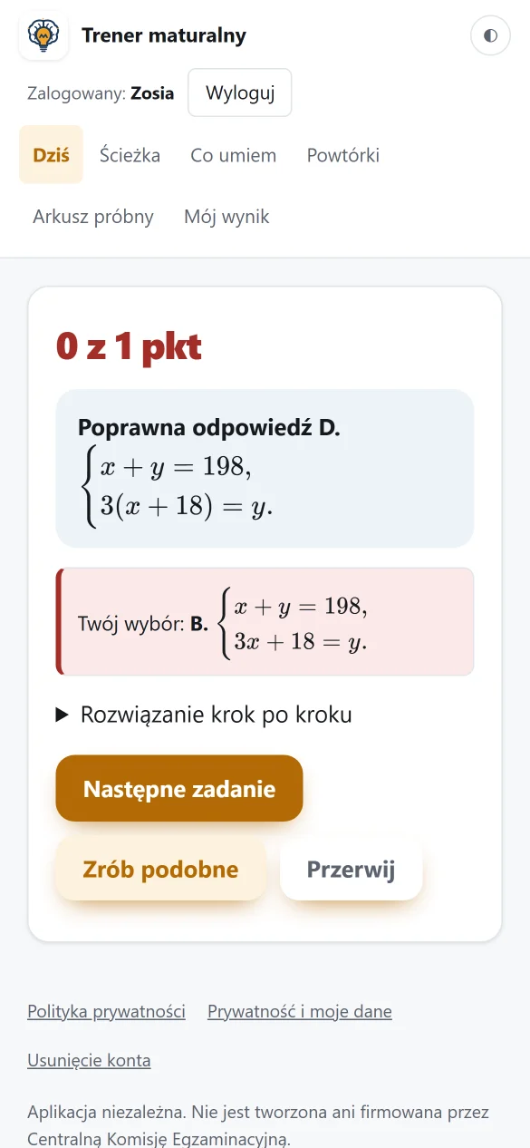 Sprawdzenie odpowiedzi: poprawna odpowiedź, Twój wybór, rozwiązanie krok po kroku