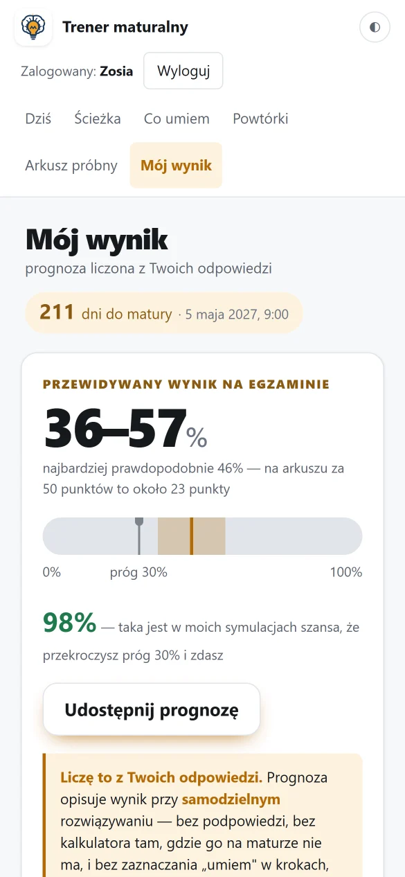 Mój wynik: przewidywany wynik 36–57%, 98% szansy na przekroczenie progu