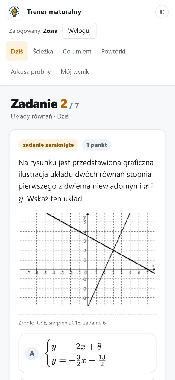 Zadanie z rysunkiem układu równań, CKE sierpień 2018, zadanie 6