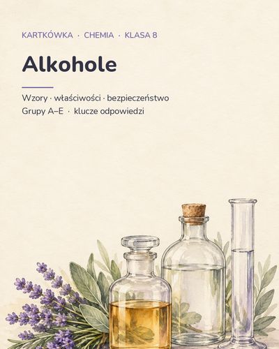 Alkohole — kartkówka z chemii, klasa 8, grupy A–E — okładka