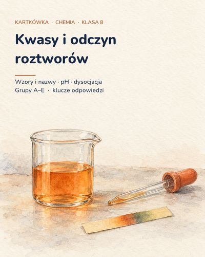 Kwasy i odczyn roztworów — kartkówka z chemii, klasa 8, grupy A–E — okładka