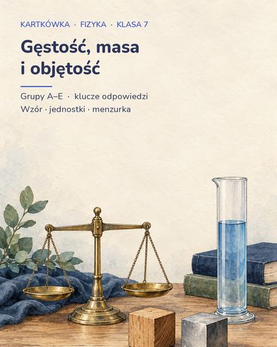 Gęstość, masa i objętość — kartkówka z fizyki, klasa 7, grupy A–E — okładka