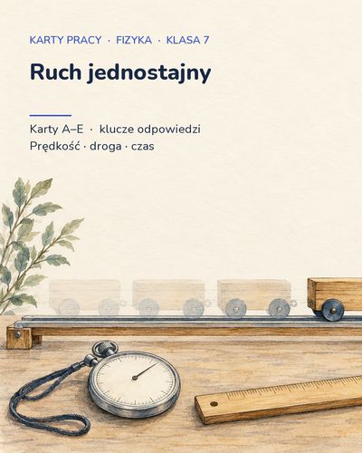 Ruch jednostajny prostoliniowy — 5 kart pracy, klasa 7, z kluczem — okładka