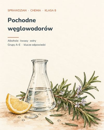 Pochodne węglowodorów — sprawdzian z chemii, klasa 8, grupy A–E — okładka