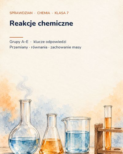 Reakcje chemiczne — sprawdzian z chemii, klasa 7, grupy A–E — okładka