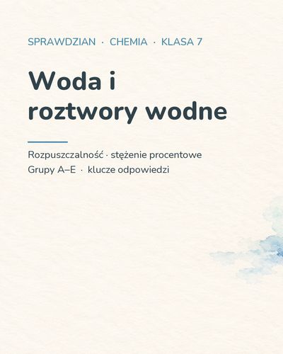 Woda i roztwory wodne — sprawdzian z chemii, klasa 7, grupy A–E — okładka