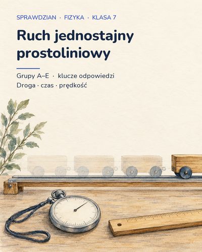 Ruch jednostajny prostoliniowy — sprawdzian, klasa 7, grupy A–E — okładka
