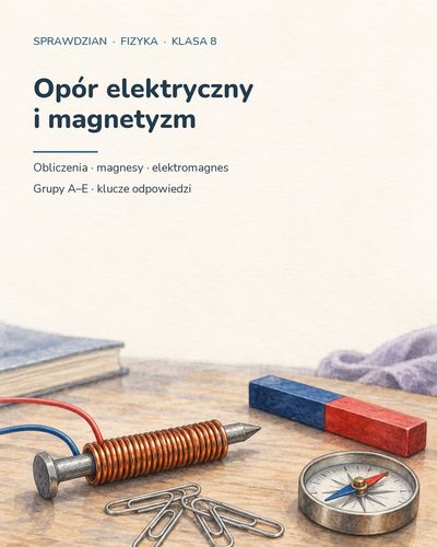 Opór elektryczny i magnetyzm — sprawdzian z fizyki, klasa 8, grupy A–E — okładka