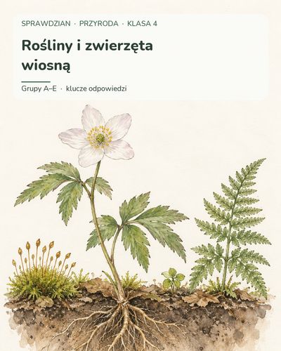 Rośliny i zwierzęta wiosną — sprawdzian z przyrody, klasa 4, grupy A–E — okładka