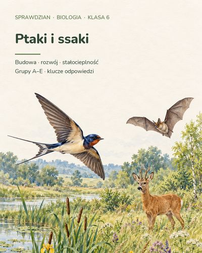Ptaki i ssaki — sprawdzian z biologii, klasa 6, grupy A–E — okładka