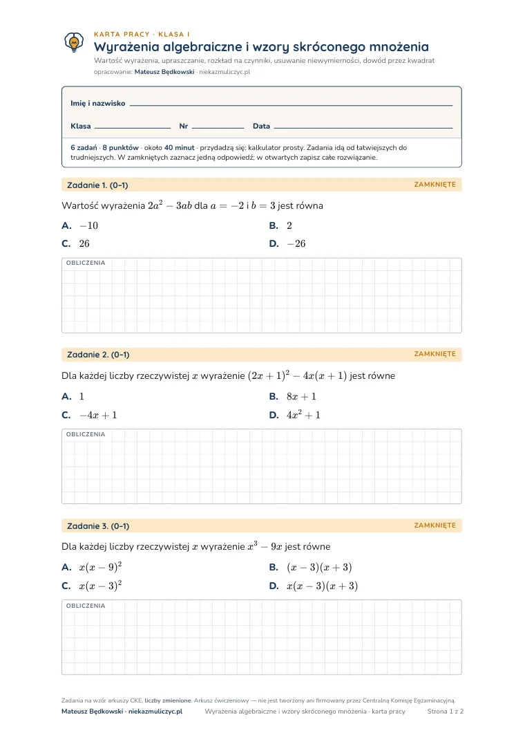 Karta pracy: Wyrażenia algebraiczne i wzory skróconego mnożenia — pierwsza strona