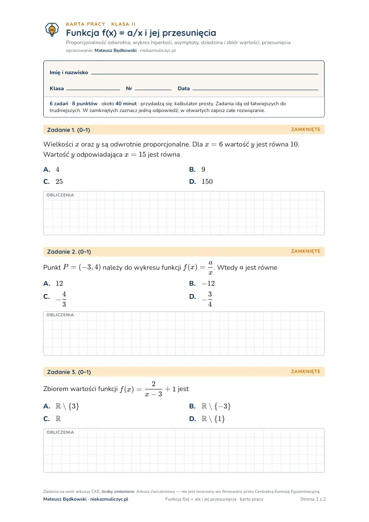 Karta pracy: Funkcja f(x) = a/x i jej przesunięcia — pierwsza strona