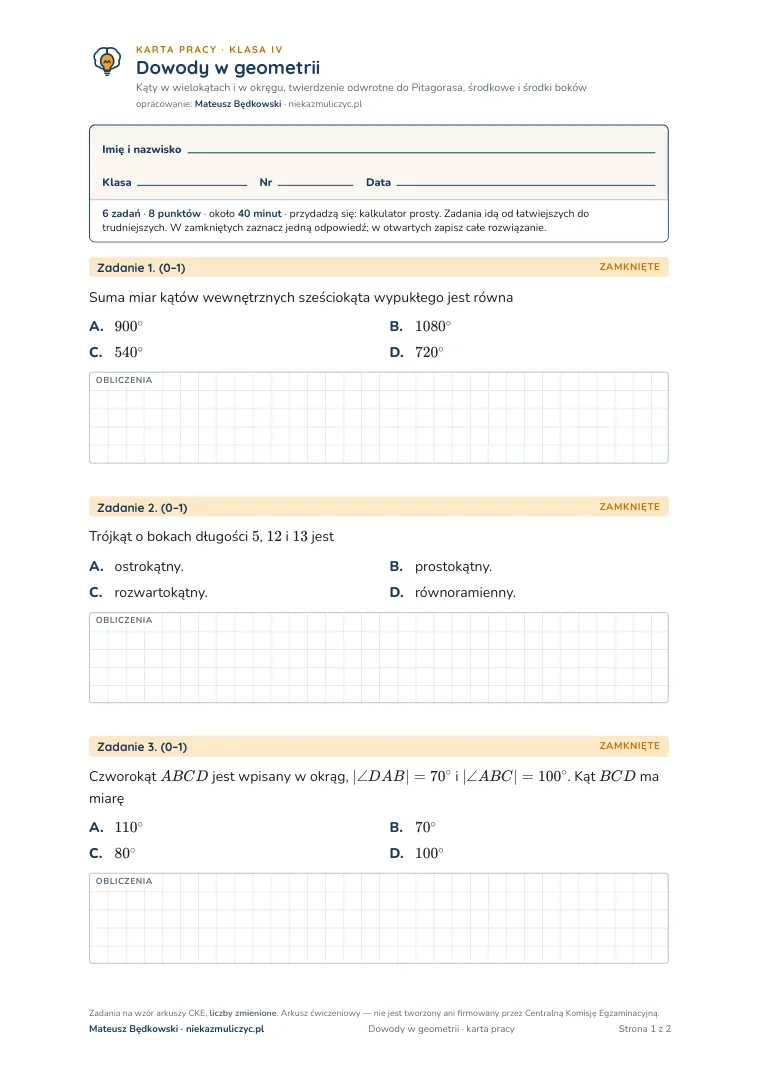 Karta pracy: Dowody w geometrii — pierwsza strona