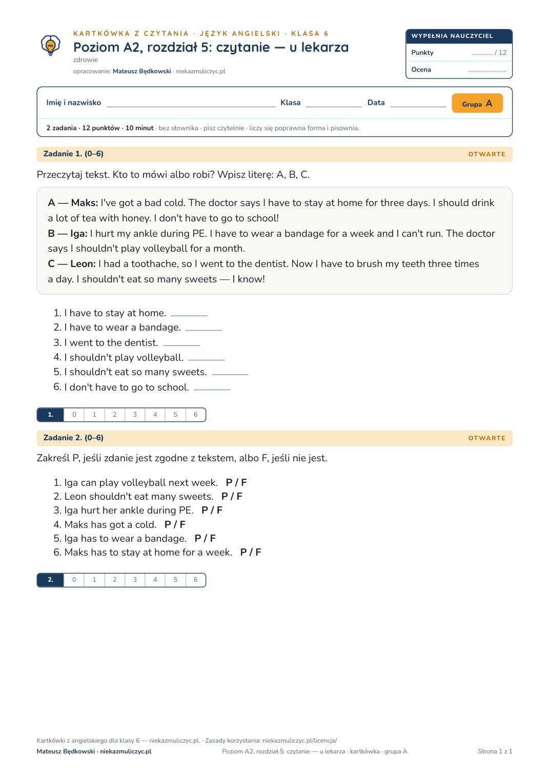 Kartkówka z czytania: angielski, klasa 6, poziom A2, unit 5