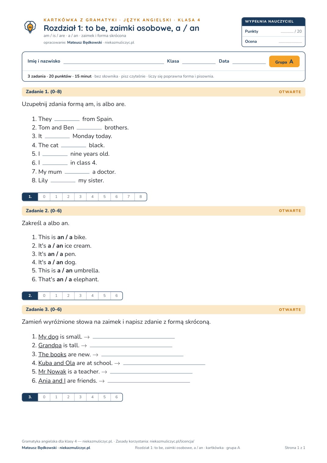 Pierwsza strona kartkówki z gramatyki: angielski, klasa 4, unit 1
