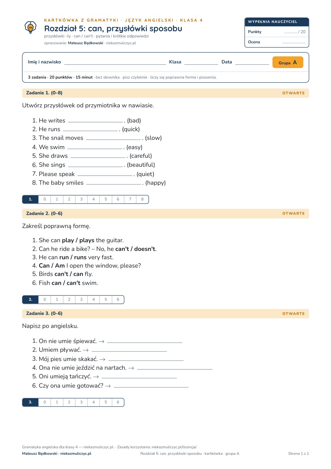 Pierwsza strona kartkówki z gramatyki: angielski, klasa 4, unit 5
