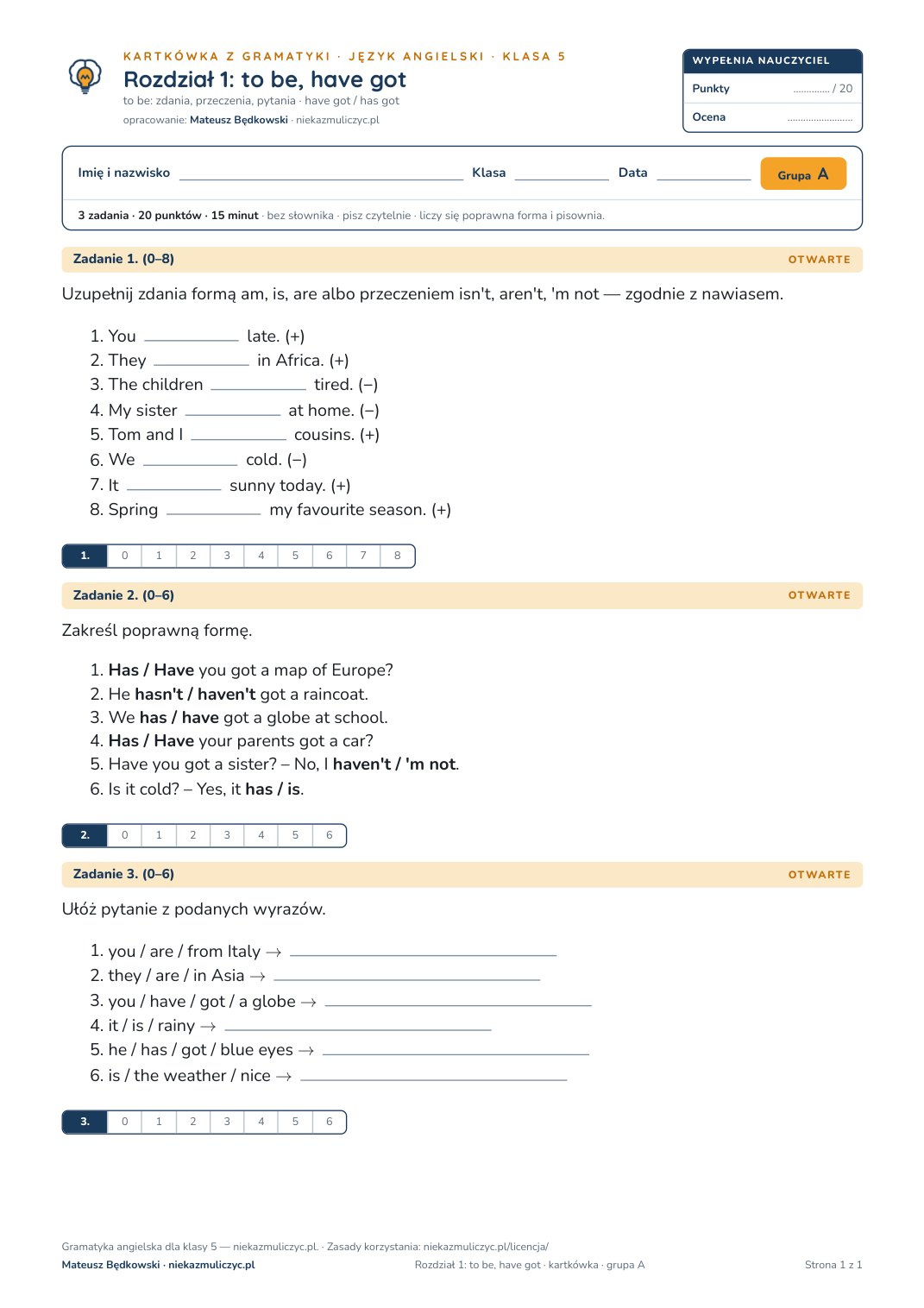 Pierwsza strona kartkówki z gramatyki: angielski, klasa 5, unit 1