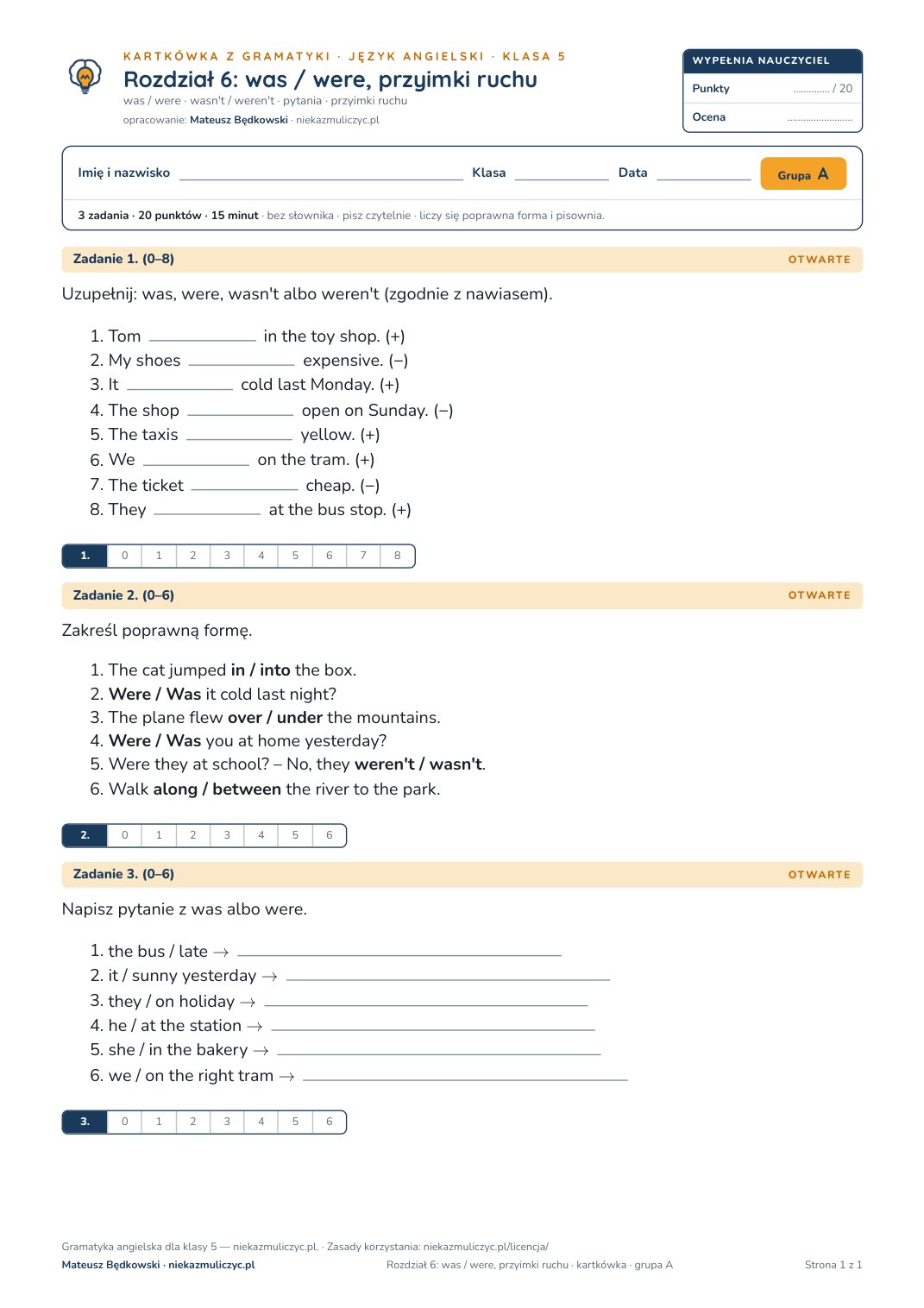 Pierwsza strona kartkówki z gramatyki: angielski, klasa 5, unit 6