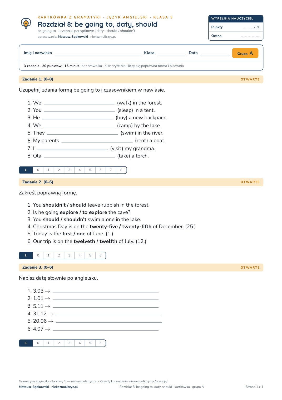 Pierwsza strona kartkówki z gramatyki: angielski, klasa 5, unit 8
