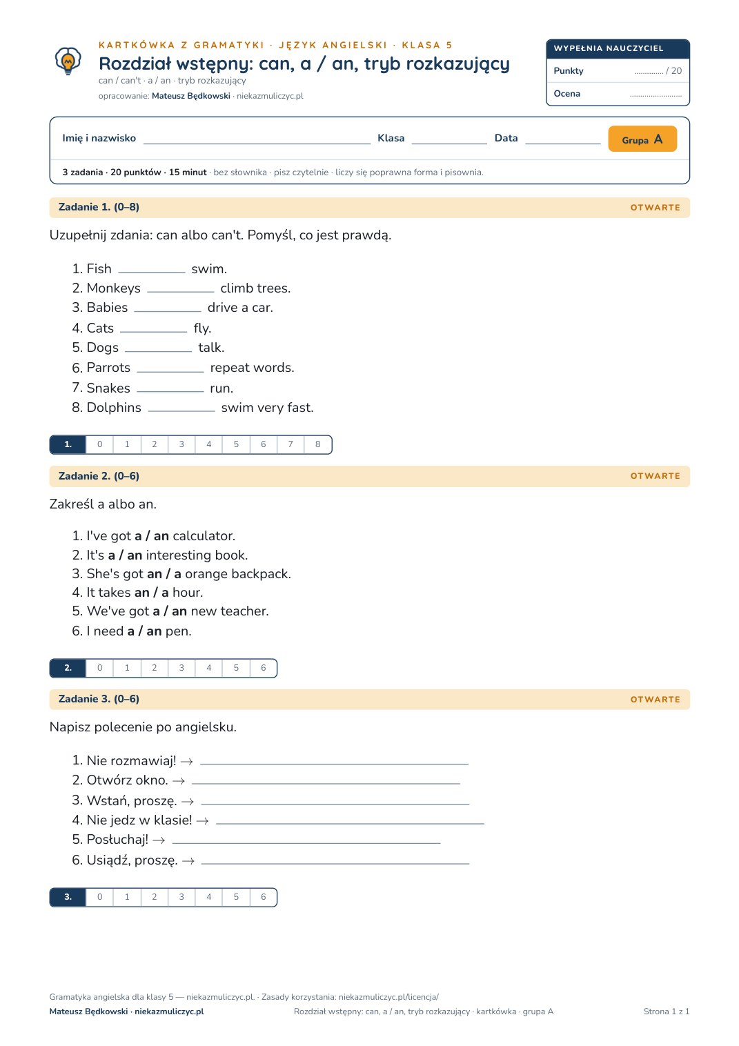 Pierwsza strona kartkówki z gramatyki: angielski, klasa 5, welcome
