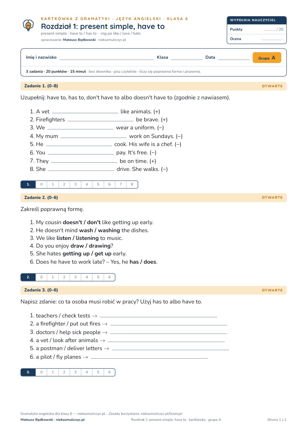 Pierwsza strona kartkówki z gramatyki: angielski, klasa 6, unit 1