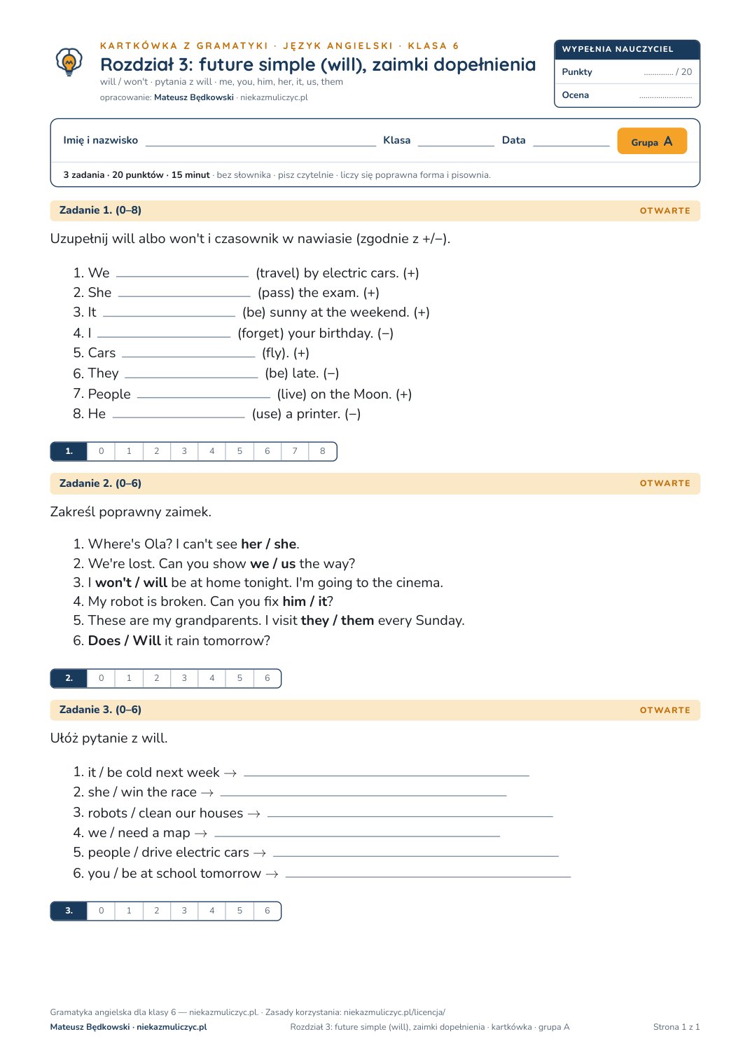 Pierwsza strona kartkówki z gramatyki: angielski, klasa 6, unit 3
