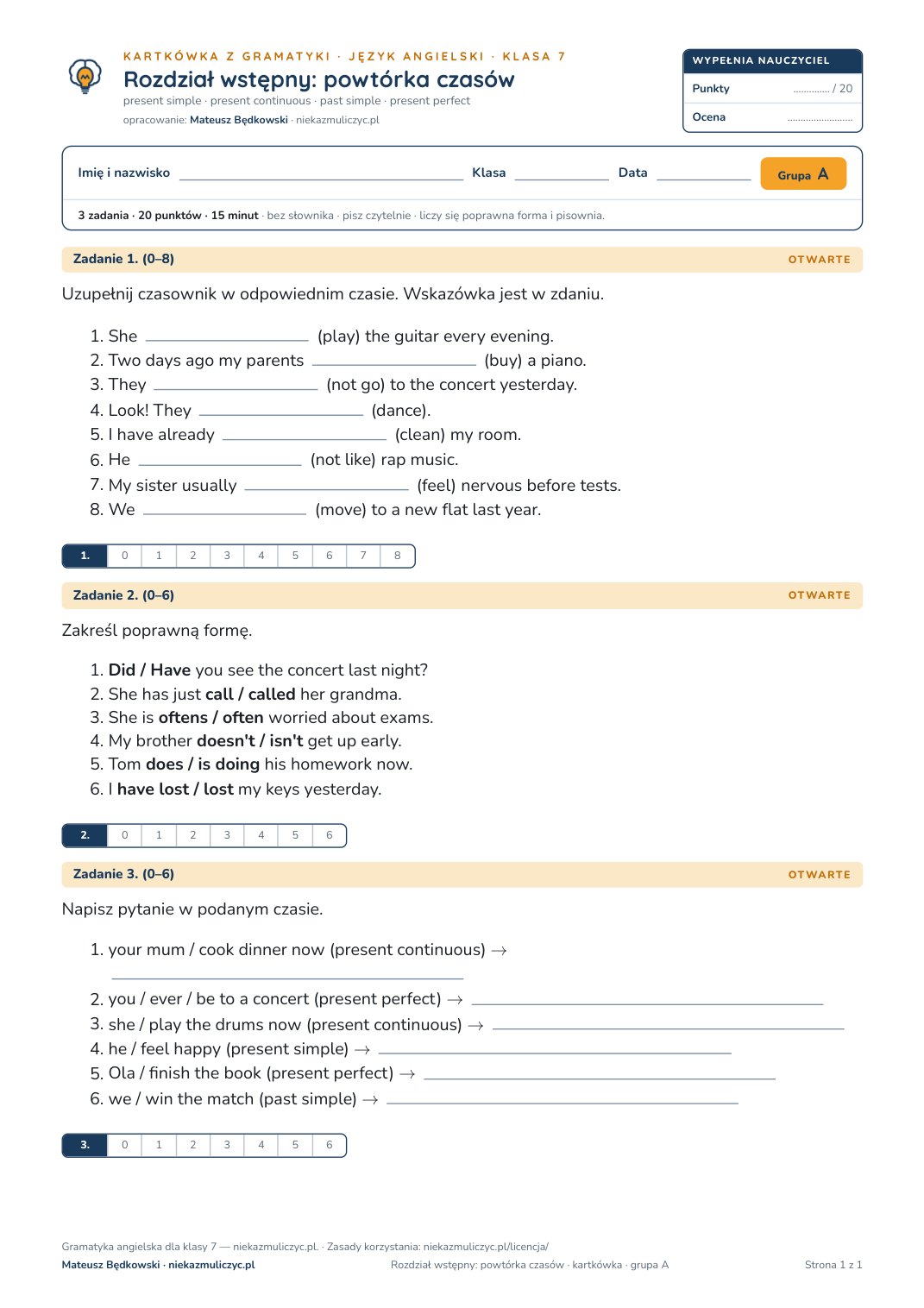 Pierwsza strona kartkówki z gramatyki: angielski, klasa 7, welcome