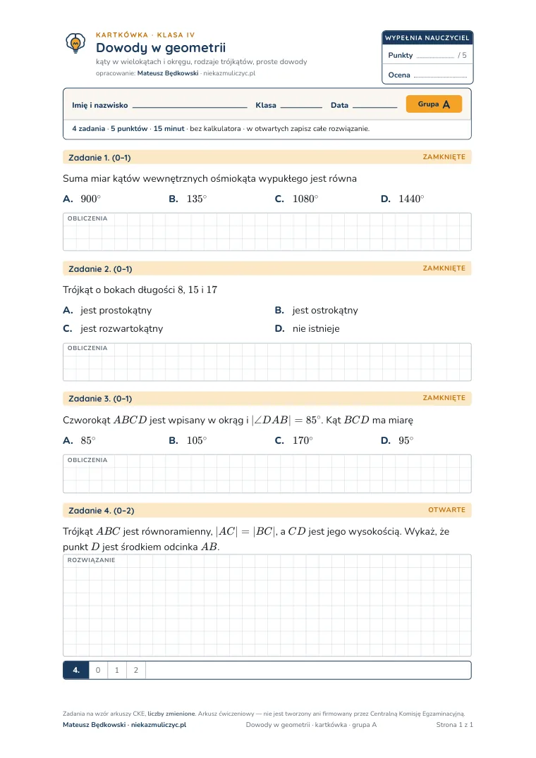 Kartkówka: Dowody w geometrii — pierwsza strona, grupa A