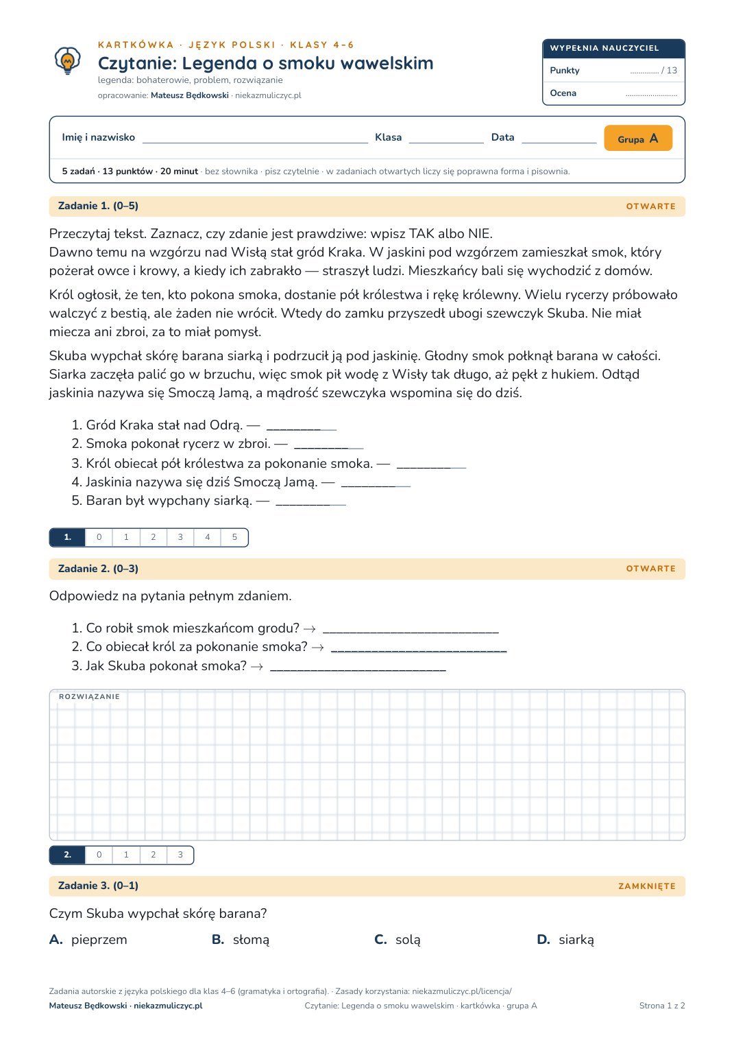 Pierwsza strona bezpłatnego arkusza A: Czytanie: Legenda o smoku wawelskim, kartkówka z polskiego, klasy 4–6