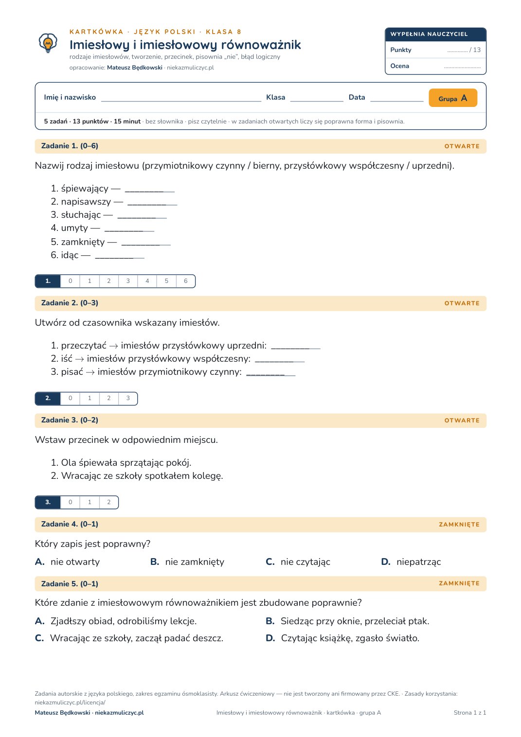 Pierwsza strona bezpłatnego arkusza A: Imiesłowy i imiesłowowy równoważnik, kartkówka z polskiego, klasa 8