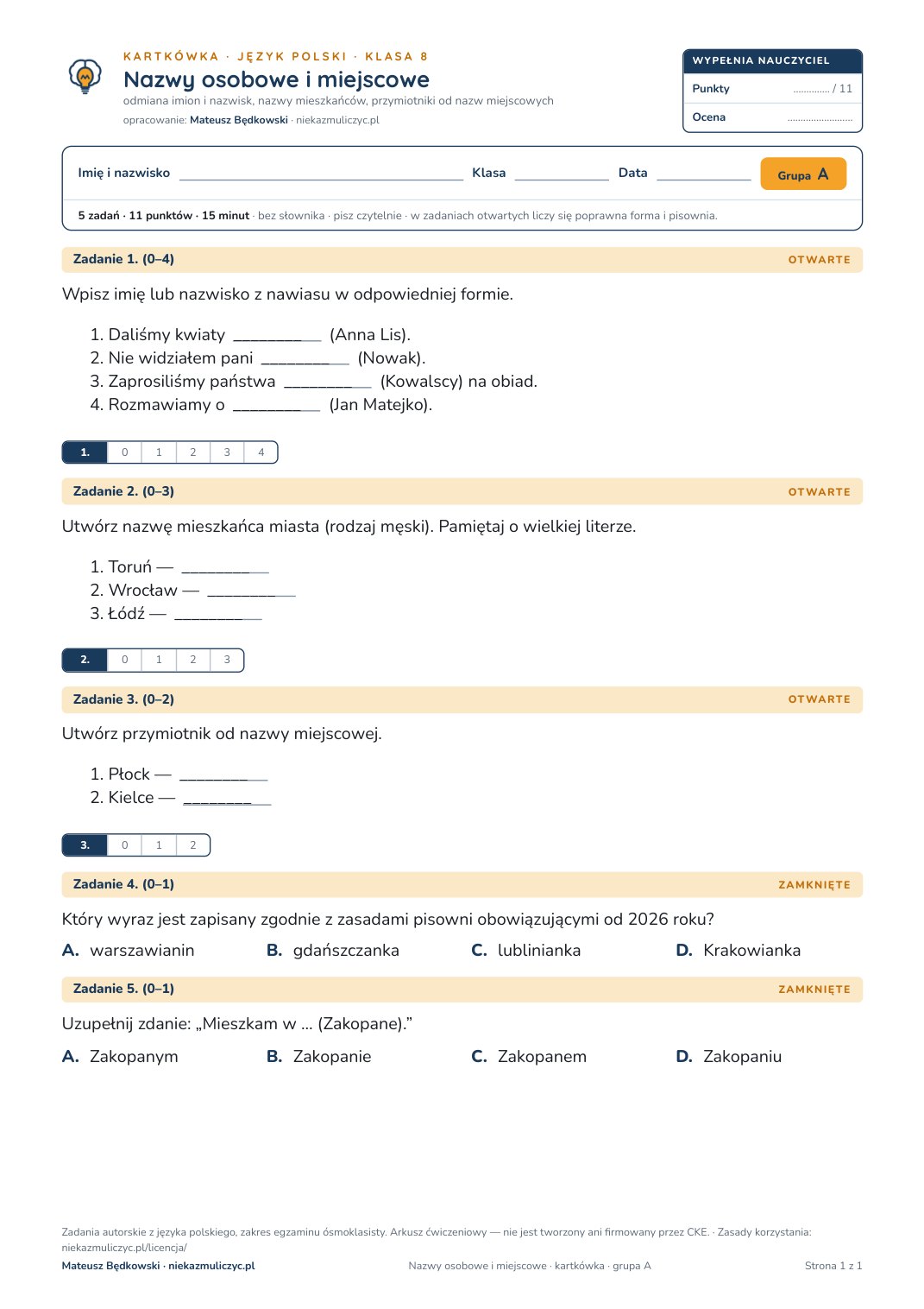 Pierwsza strona bezpłatnego arkusza A: Nazwy osobowe i miejscowe, kartkówka z polskiego, klasa 8