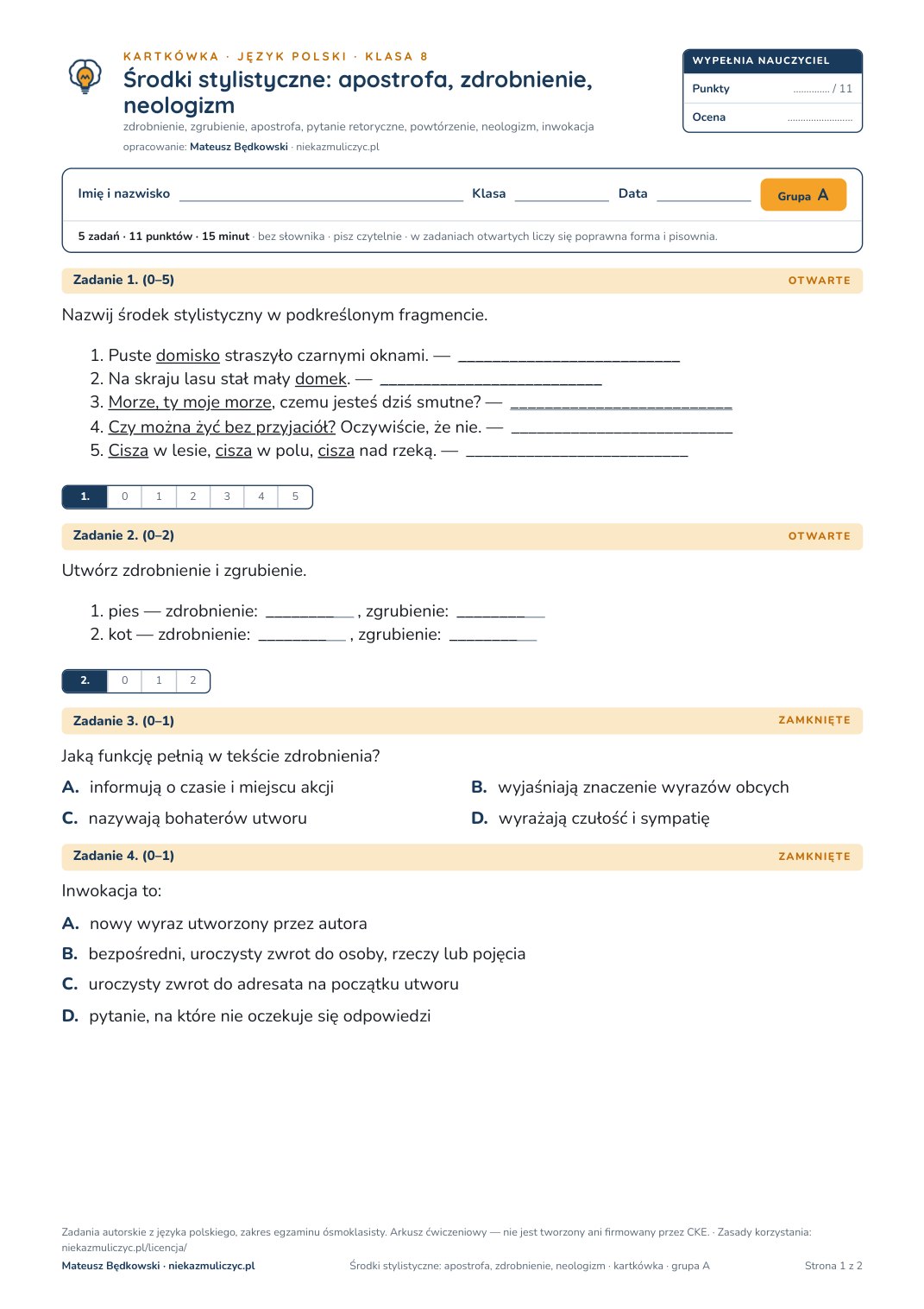 Pierwsza strona bezpłatnego arkusza A: Środki stylistyczne: apostrofa, zdrobnienie, neologizm, kartkówka z polskiego, klasa 8