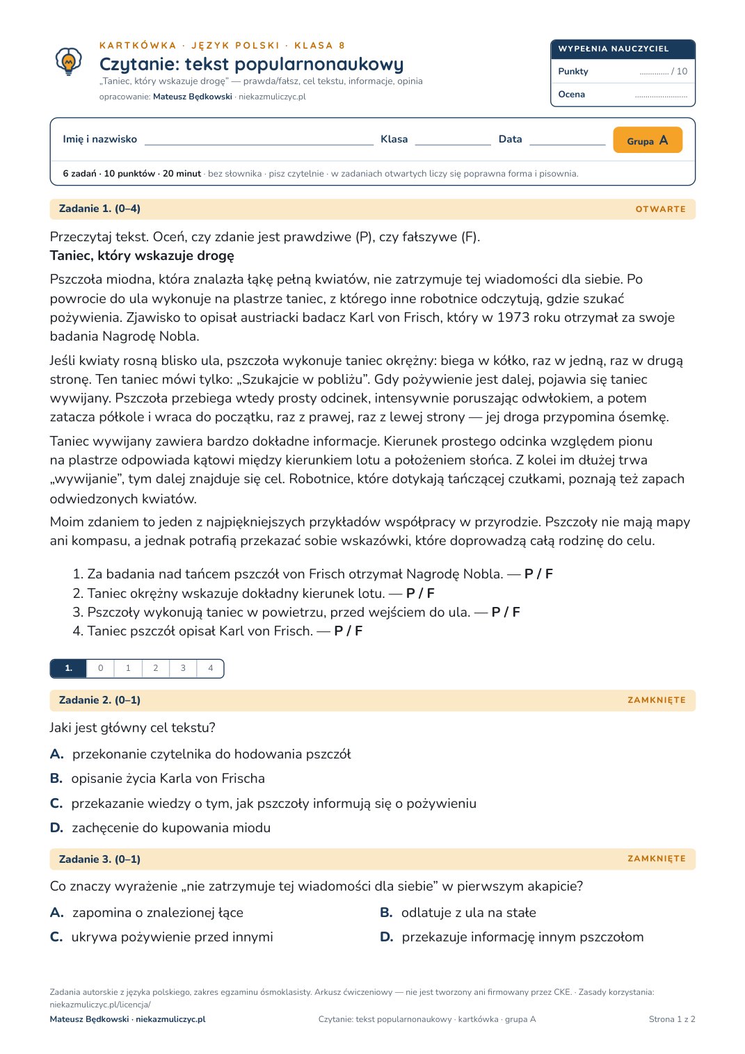 Pierwsza strona bezpłatnego arkusza A: Czytanie: tekst popularnonaukowy, kartkówka z polskiego, klasa 8