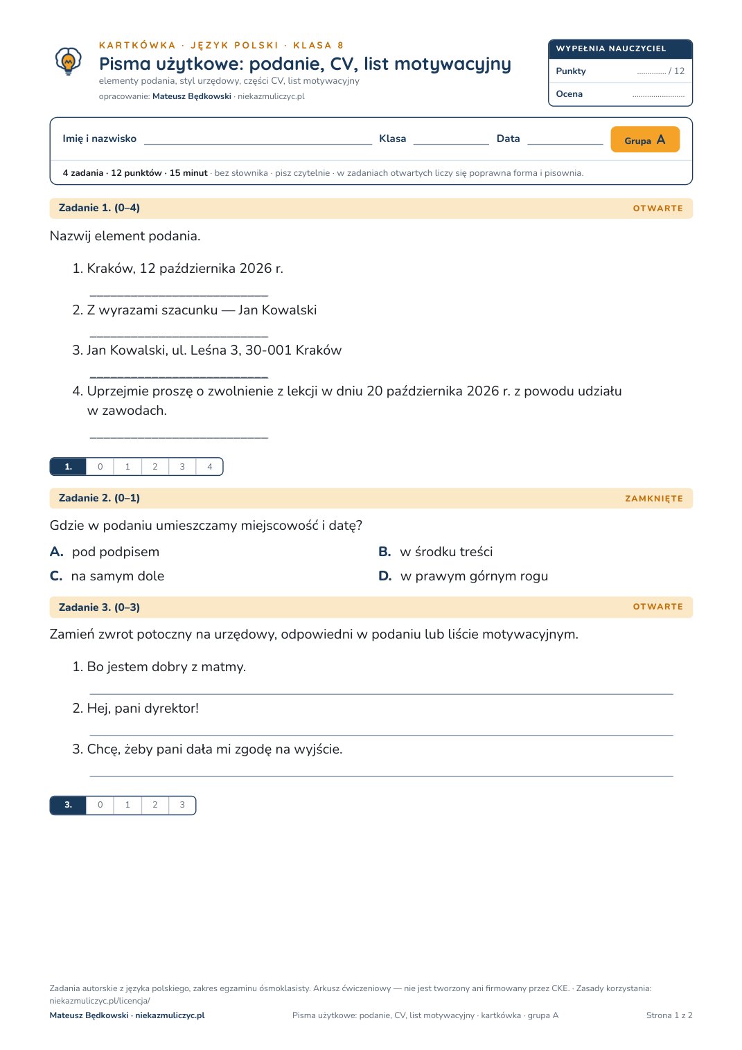 Pierwsza strona bezpłatnego arkusza A: Pisma użytkowe: podanie, CV, list motywacyjny, kartkówka z polskiego, klasa 8