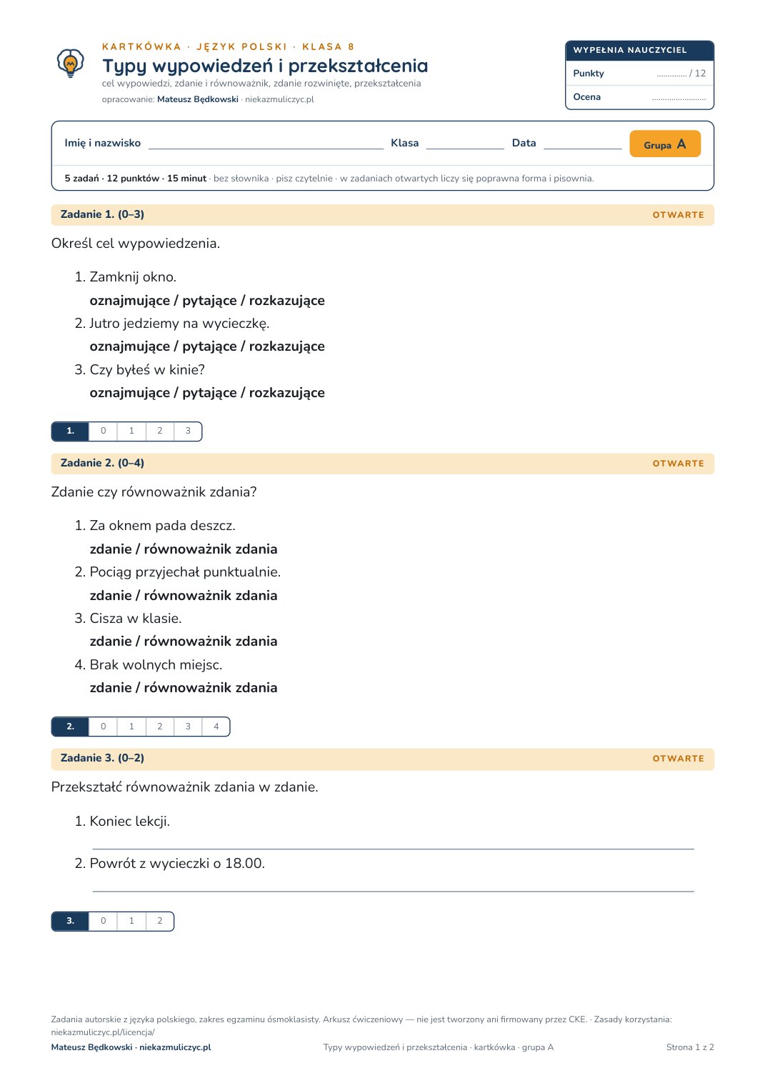 Pierwsza strona bezpłatnego arkusza A: Typy wypowiedzeń i przekształcenia, kartkówka z polskiego, klasa 8