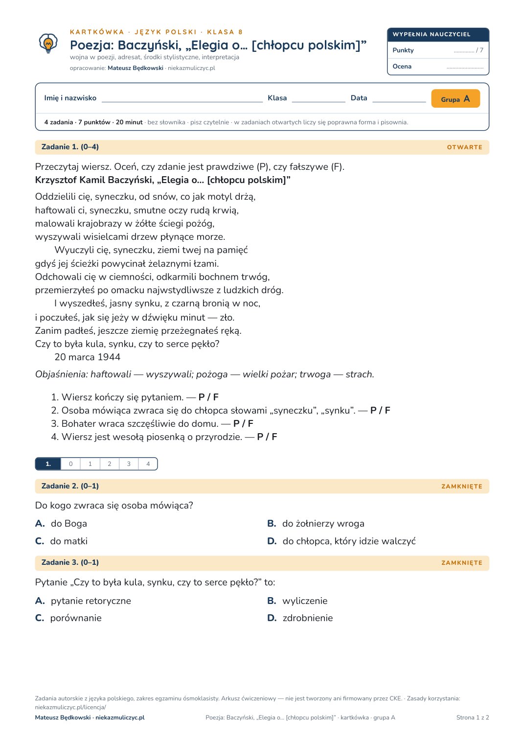 Pierwsza strona bezpłatnego arkusza A: Poezja: Baczyński, „Elegia o… [chłopcu polskim]”, kartkówka z polskiego, klasa 8