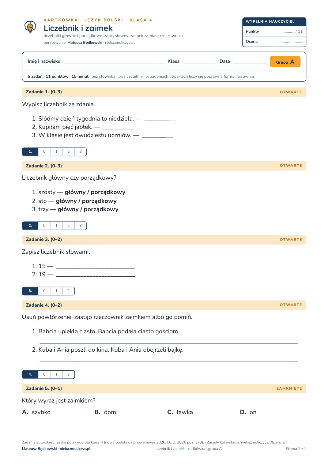 Pierwsza strona bezpłatnego arkusza A: Liczebnik i zaimek, kartkówka z polskiego, klasa 4