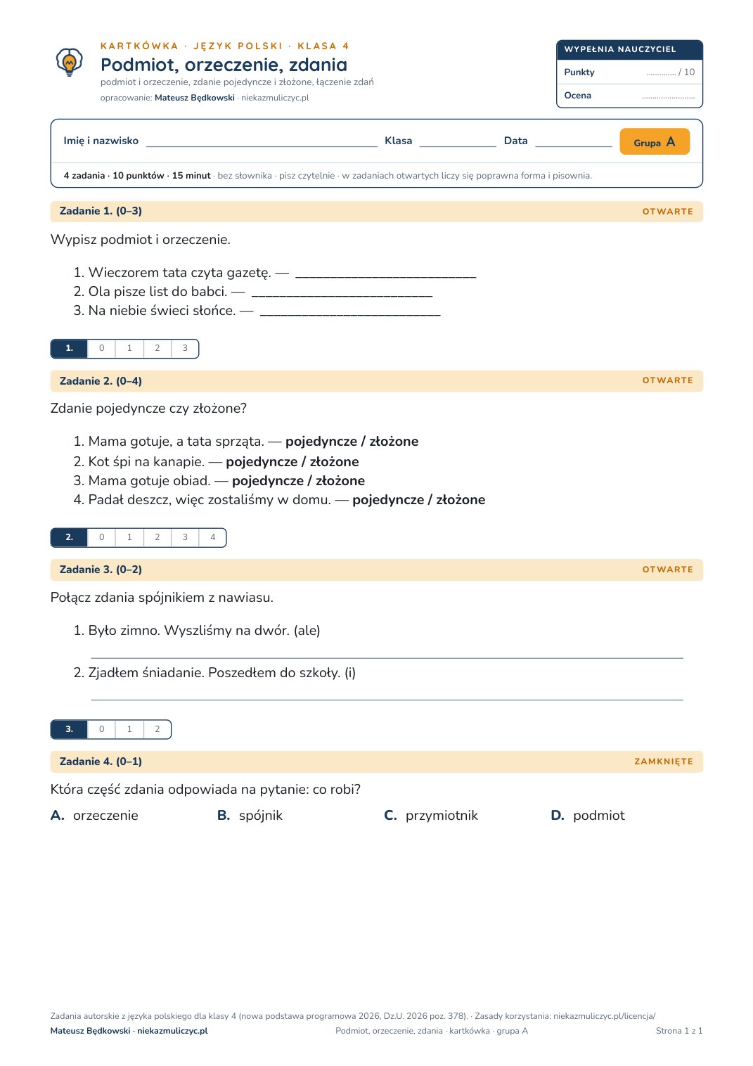Pierwsza strona bezpłatnego arkusza A: Podmiot, orzeczenie, zdania, kartkówka z polskiego, klasa 4