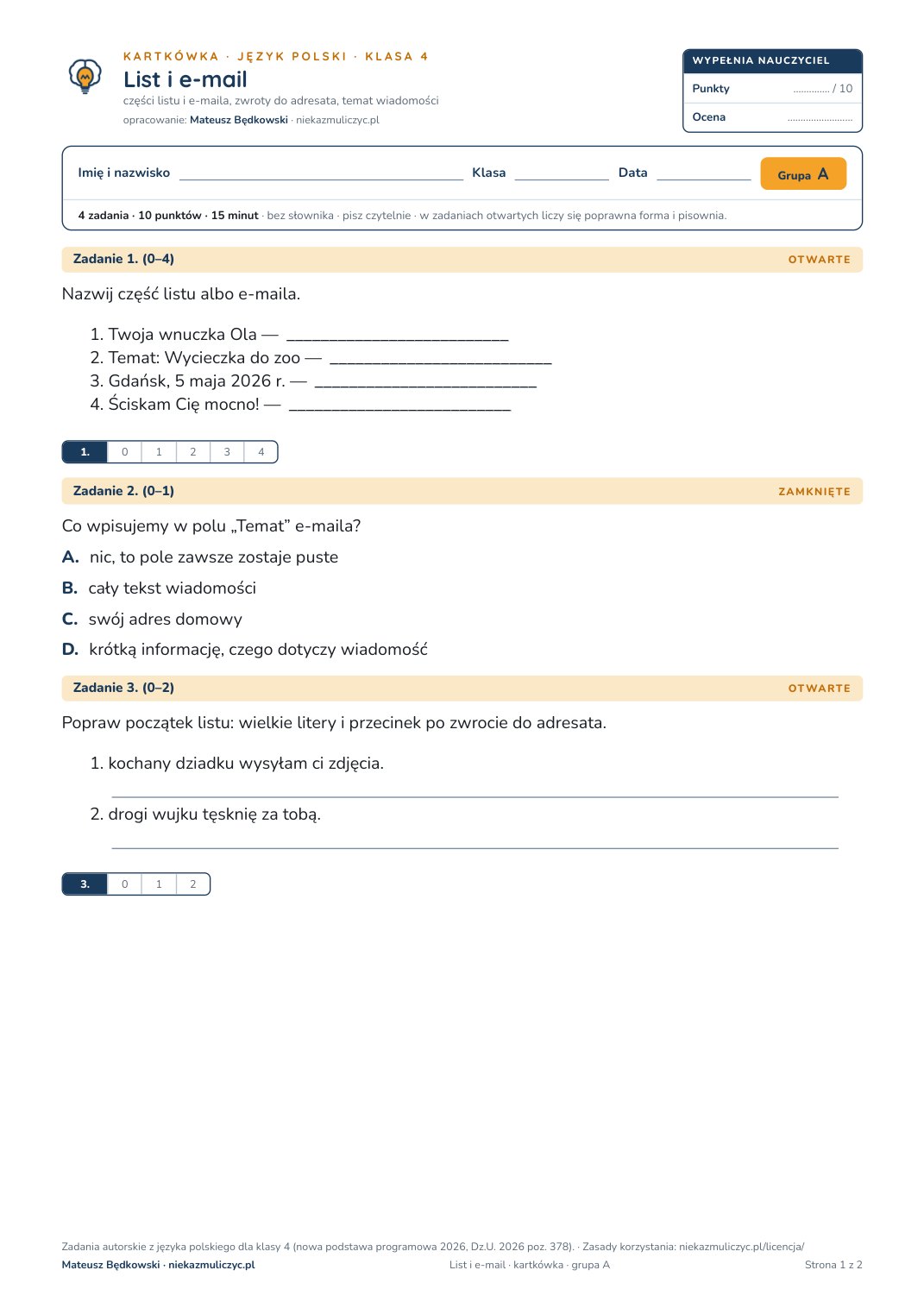 Pierwsza strona bezpłatnego arkusza A: List i e-mail, kartkówka z polskiego, klasa 4