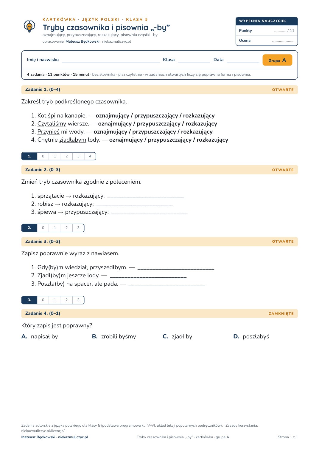Pierwsza strona bezpłatnego arkusza A: Tryby czasownika i pisownia „-by”, kartkówka z polskiego, klasa 5