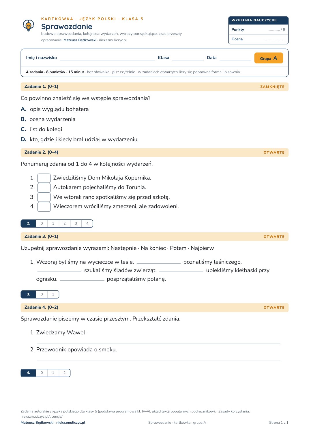 Pierwsza strona bezpłatnego arkusza A: Sprawozdanie, kartkówka z polskiego, klasa 5