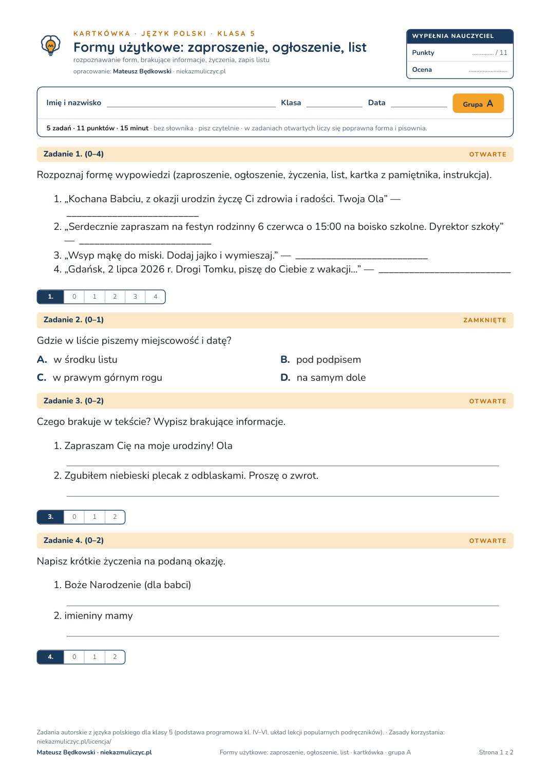 Pierwsza strona bezpłatnego arkusza A: Formy użytkowe: zaproszenie, ogłoszenie, list, kartkówka z polskiego, klasa 5