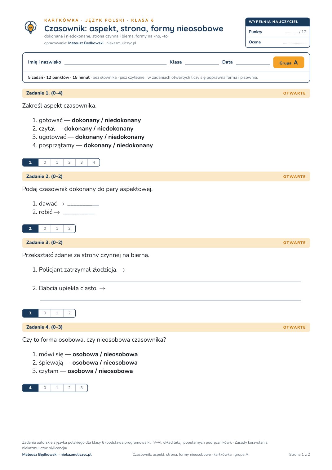 Pierwsza strona bezpłatnego arkusza A: Czasownik: aspekt, strona, formy nieosobowe, kartkówka z polskiego, klasa 6