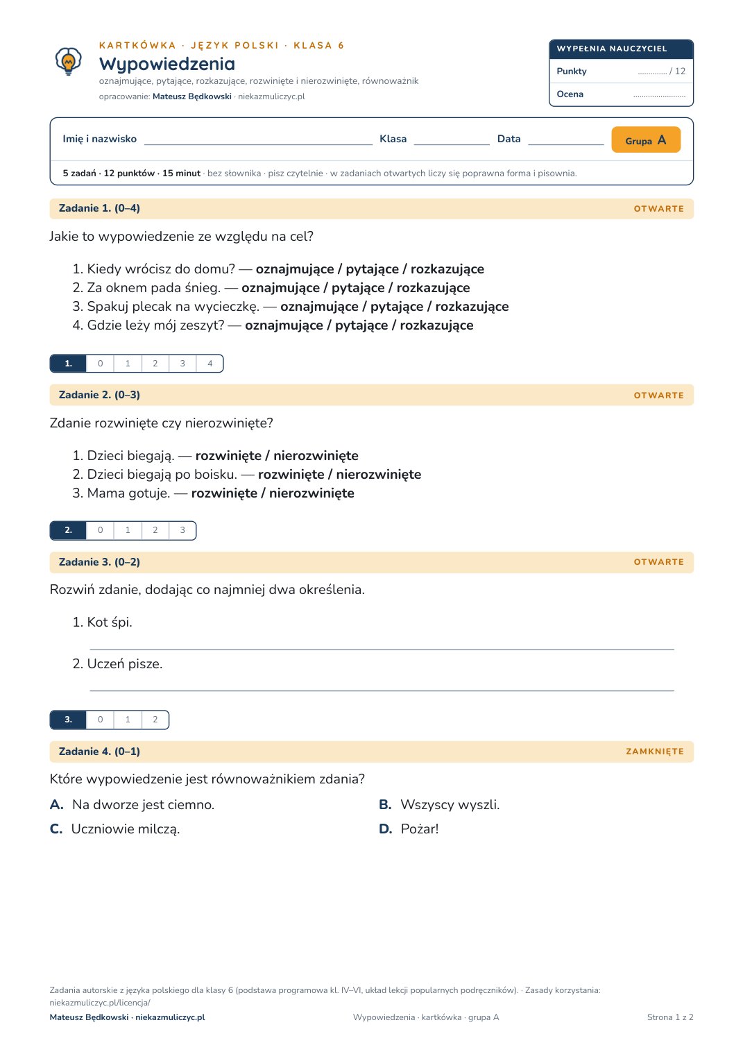 Pierwsza strona bezpłatnego arkusza A: Wypowiedzenia, kartkówka z polskiego, klasa 6